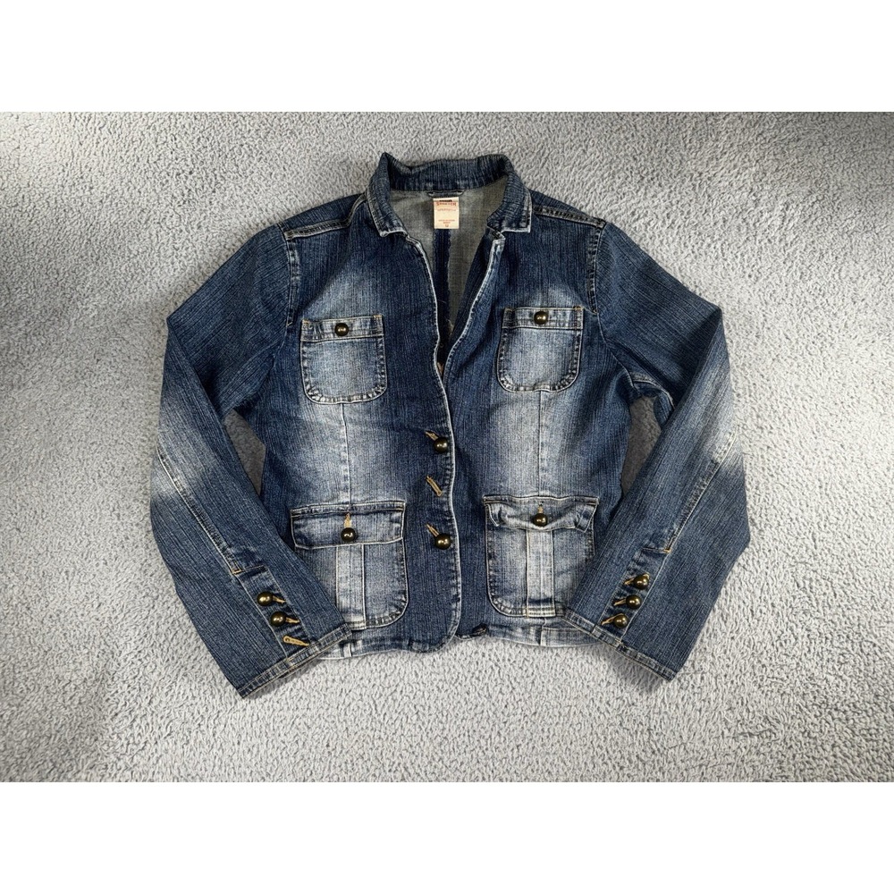 Vintage Faded Glory‎ Denim Blazer Jacket Women 12 Embroidered Floral Boho Y2K